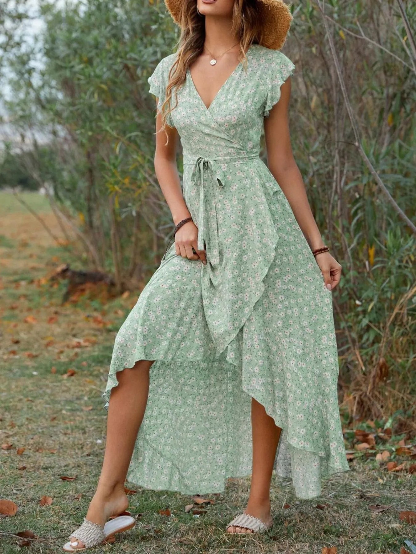 Printed Surplice Ruffle Sleeve Dress NicholesGifts