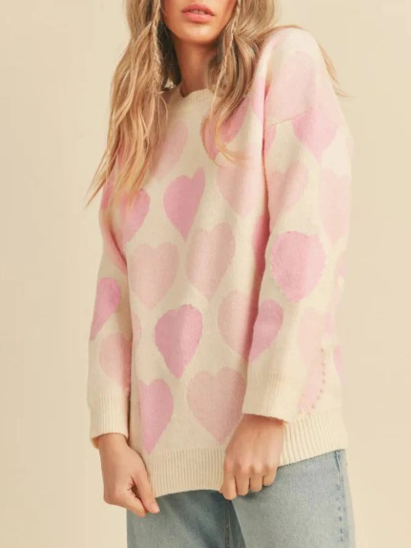 Women Heart Ribbed Hem Long Sleeve Sweater For Valentine's Day Gift For Her nicholesgifts