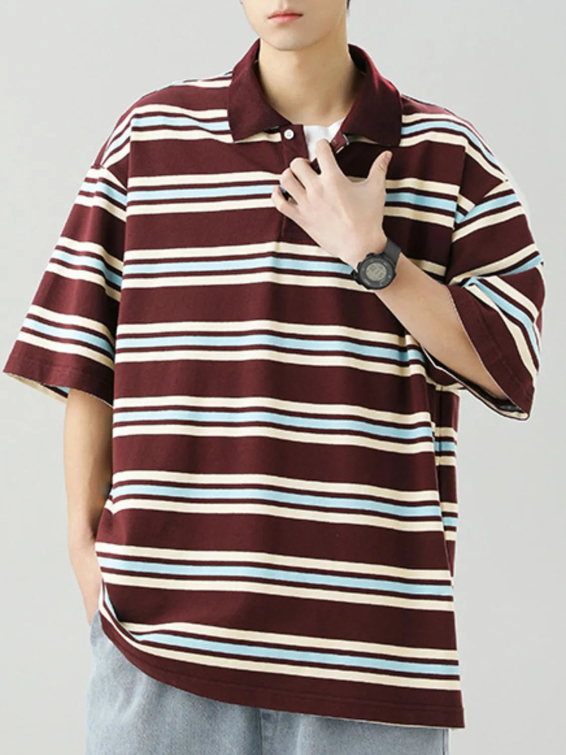 Men's Striped Collared Neck Half Sleeve Polo Trendsi
