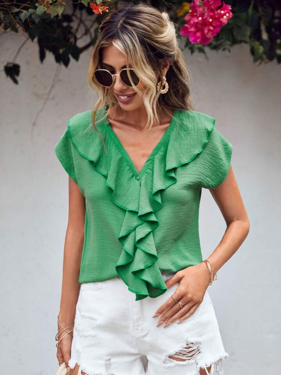 Ruffled V-Neck Short Sleeve Blouse nicholesgifts