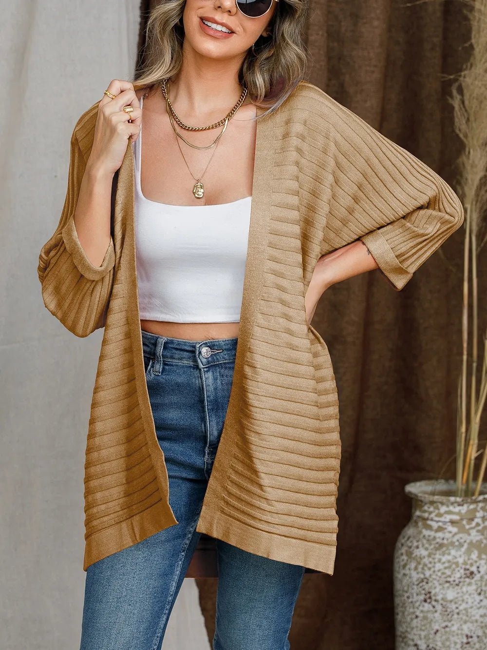 Striped Open Front Knit Cardigan nicholesgifts