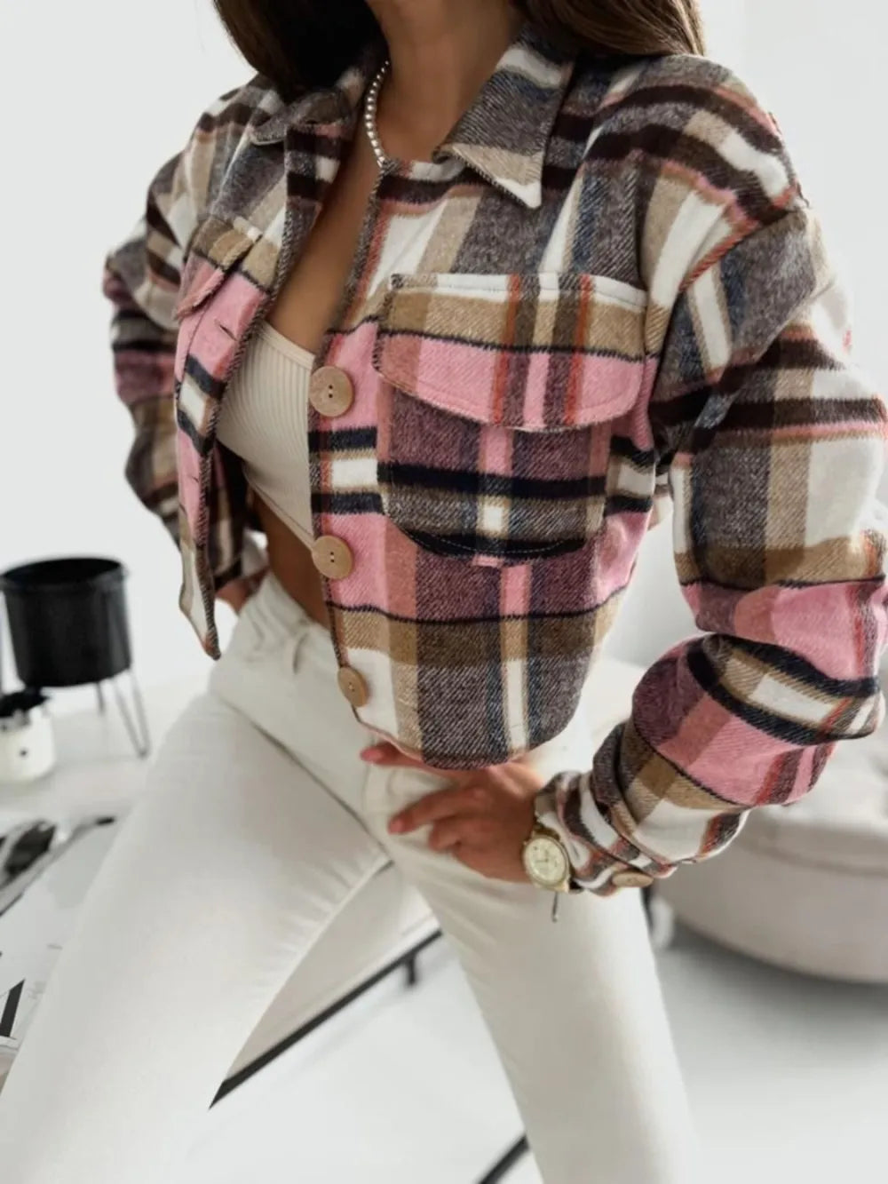 Pocketed Collared Neck Long Sleeve Plaid Jacket Trendsi