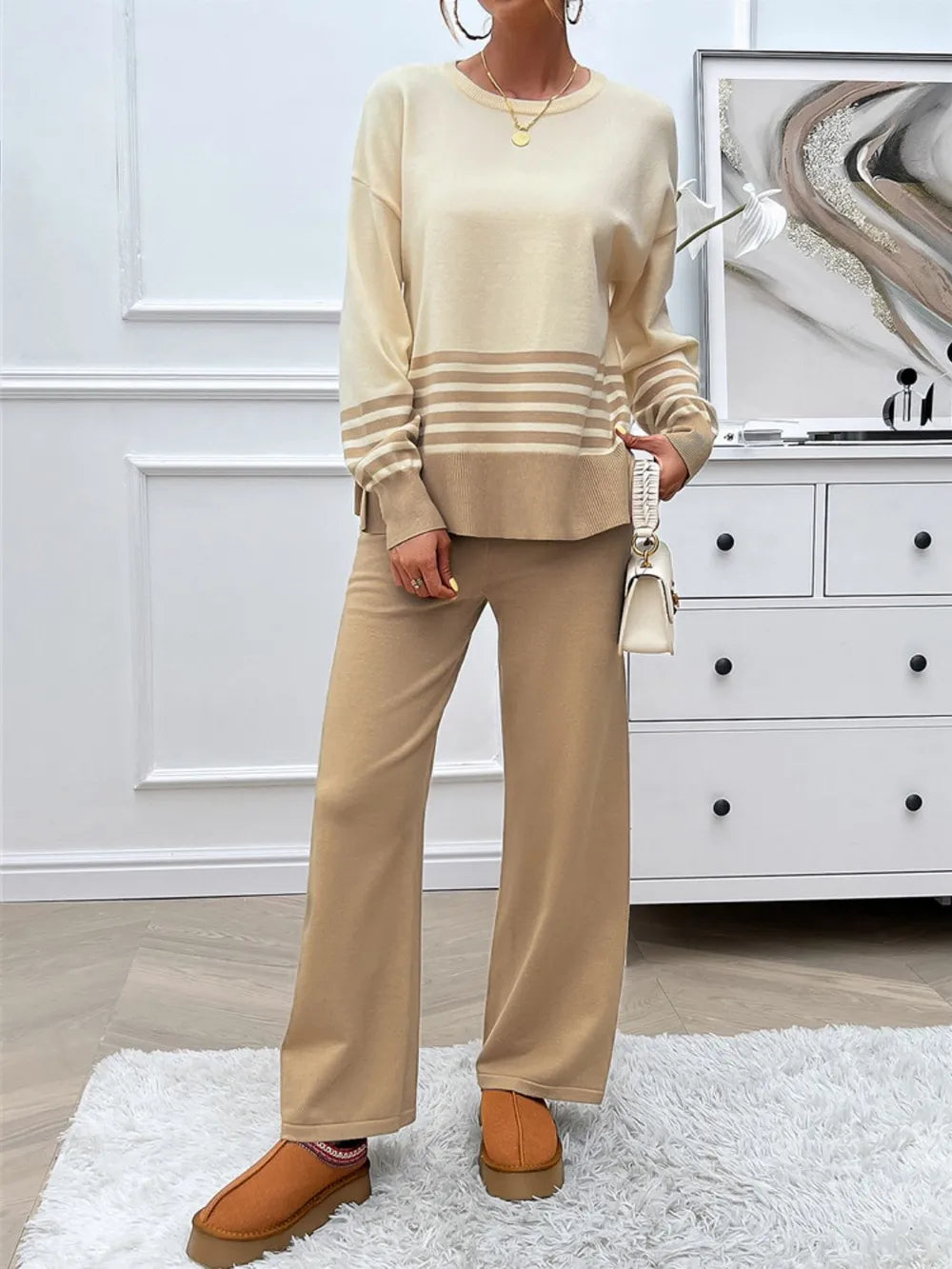 Devine Slit Striped Round Neck Top and Pants Sweater Set nicholesgifts