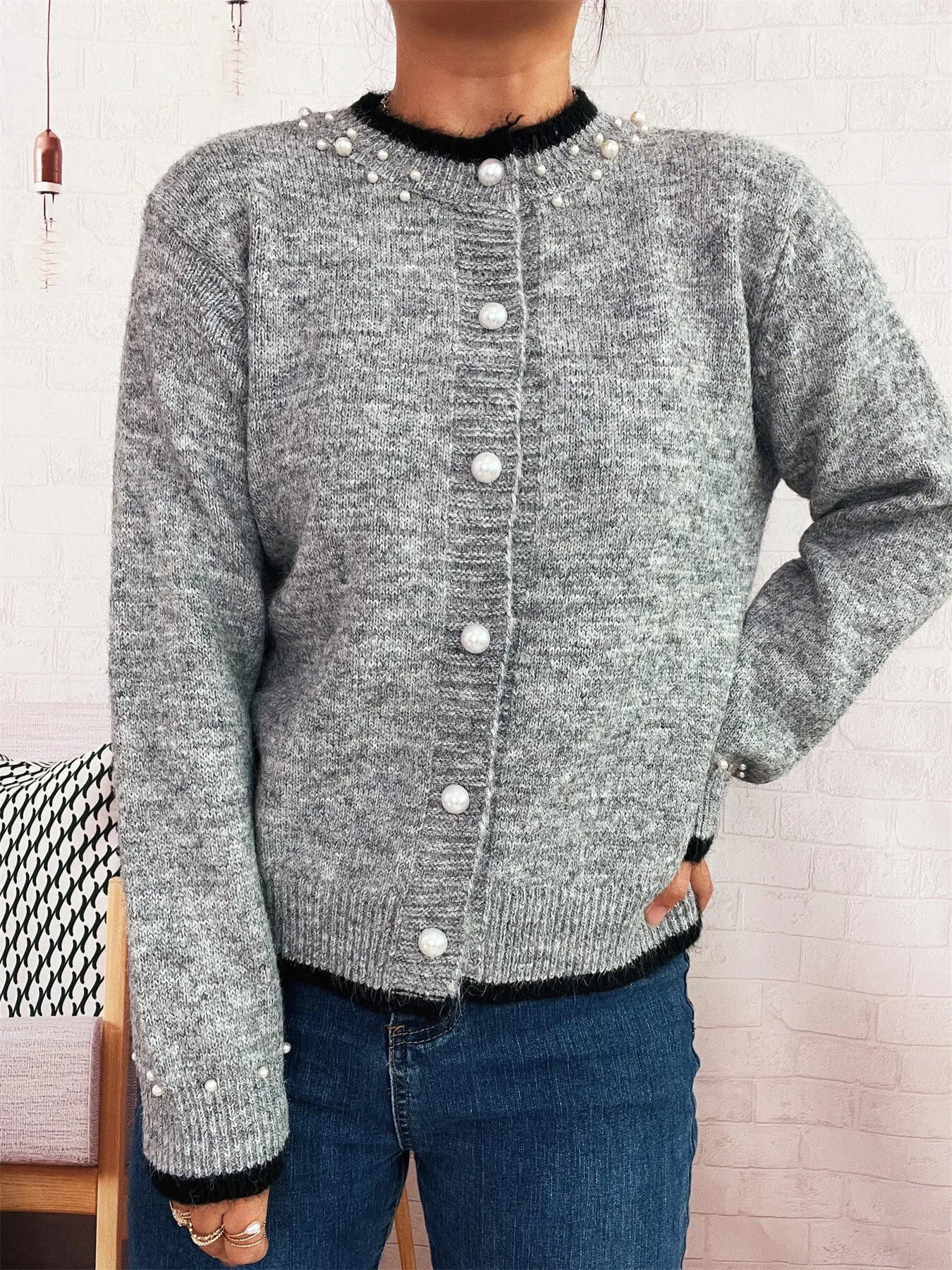 Pearl Embellished Button-Front Cardigan Trendsi