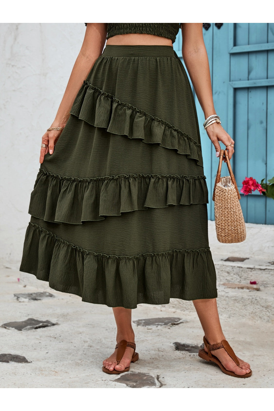 Ruffled Elastic Waist Midi Skirt nicholesgifts