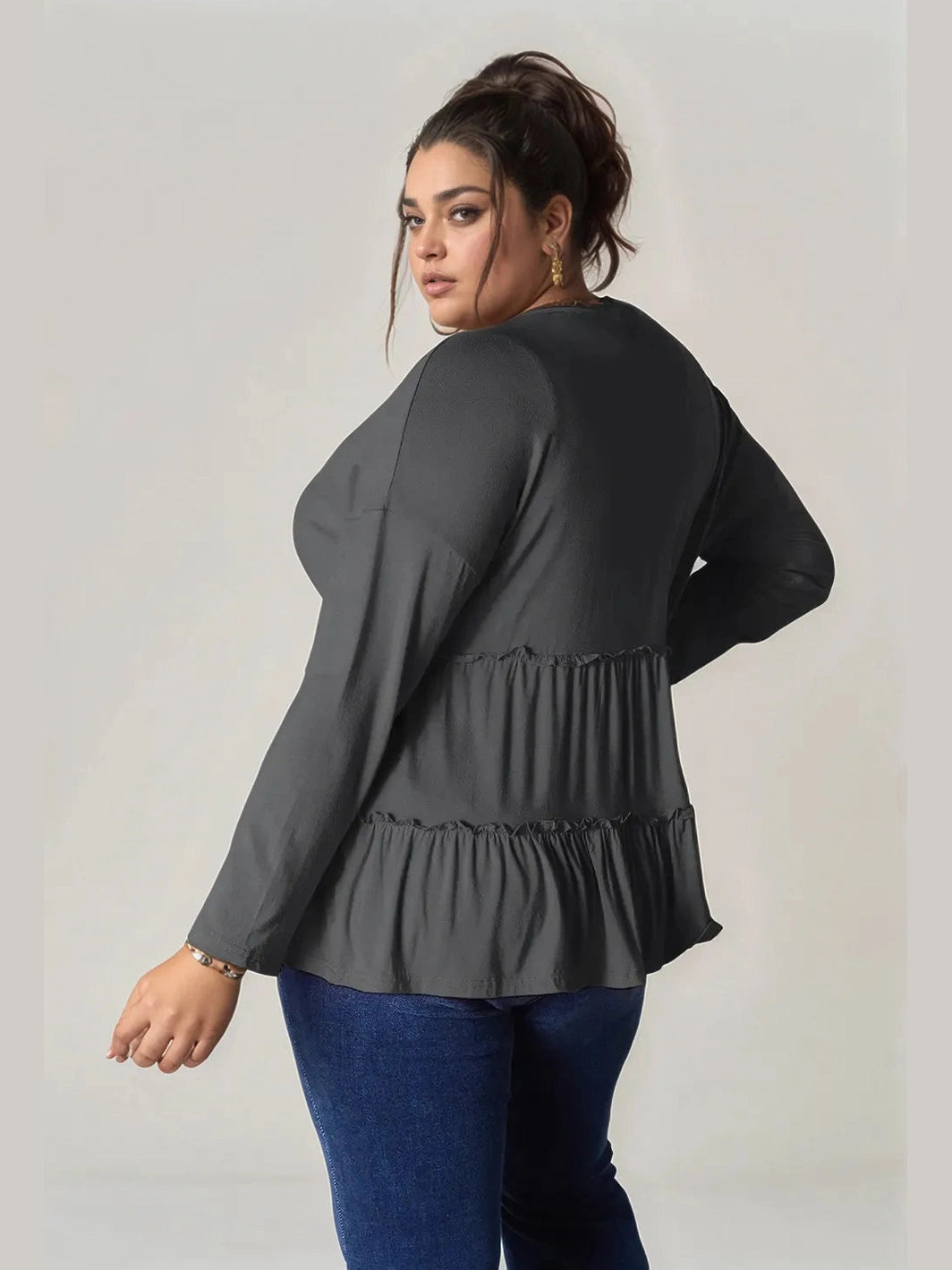 Double Take Half Button Long Sleeve Ruffle Hem Blouse nicholesgifts