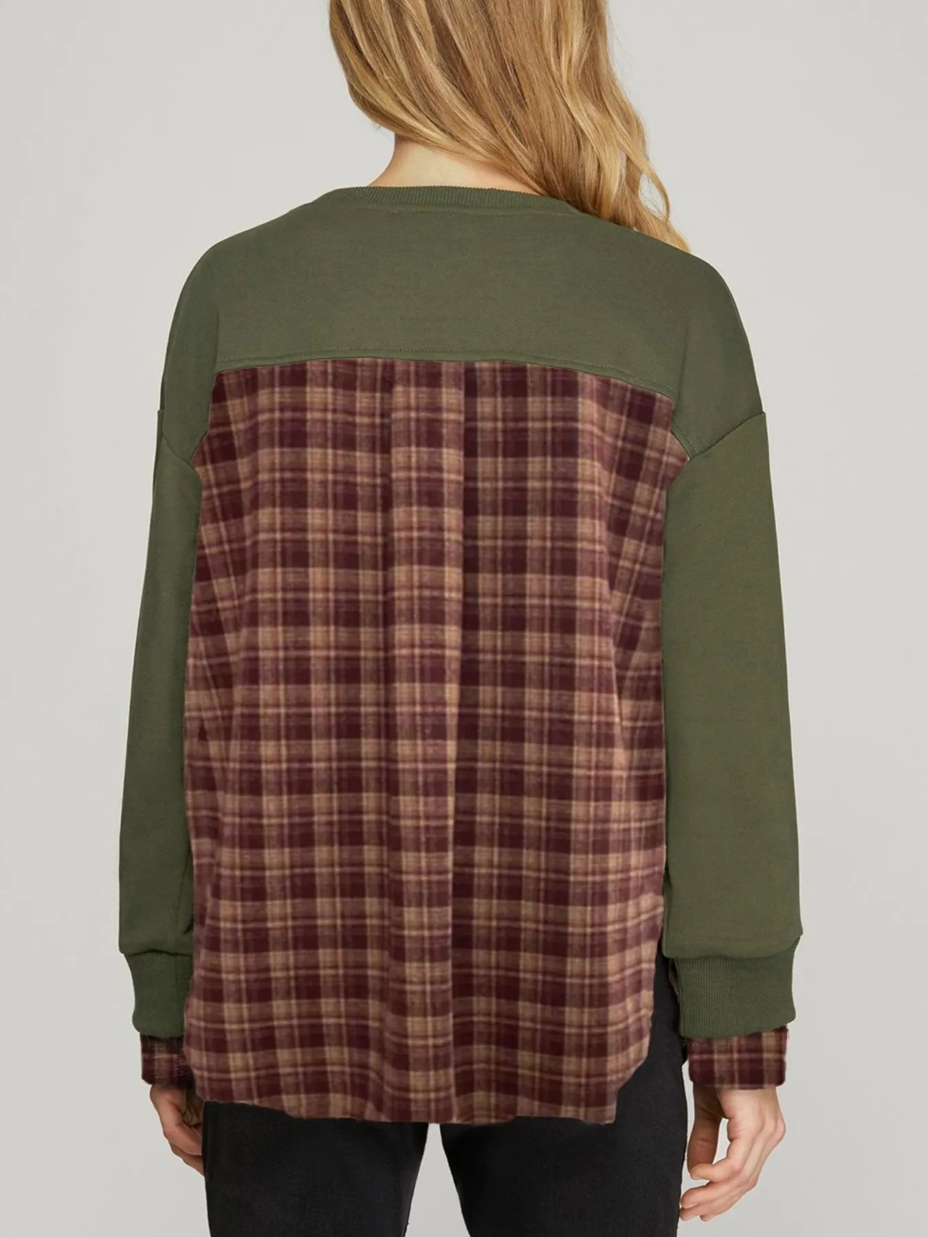 Plaid Patchwork Drop Shoulder Sweatshirt Trendsi