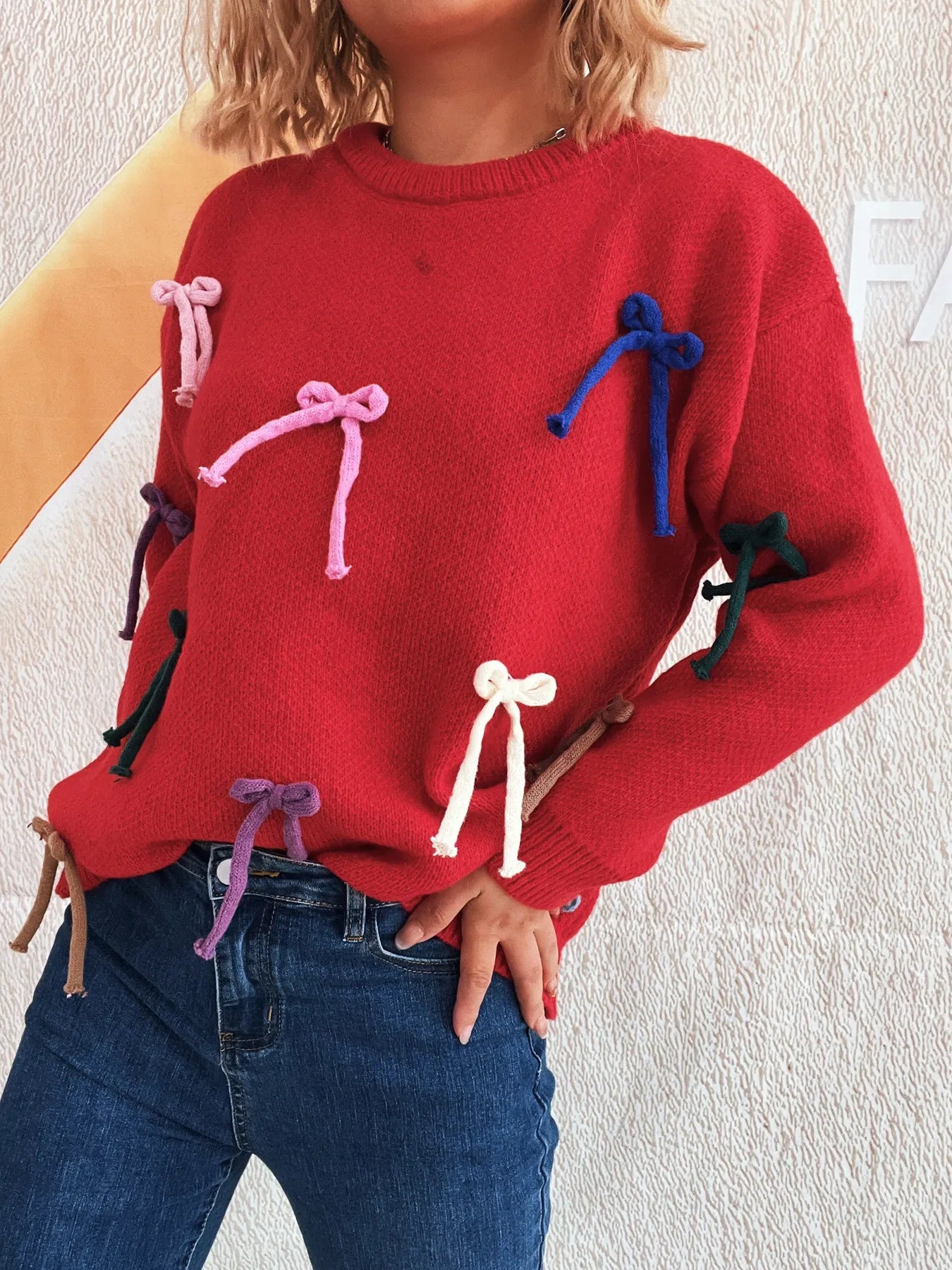 Colorful Bow Round Neck Sweater