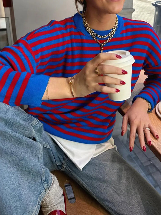 Striped Round Neck Long Sleeve Sweater Trendsi