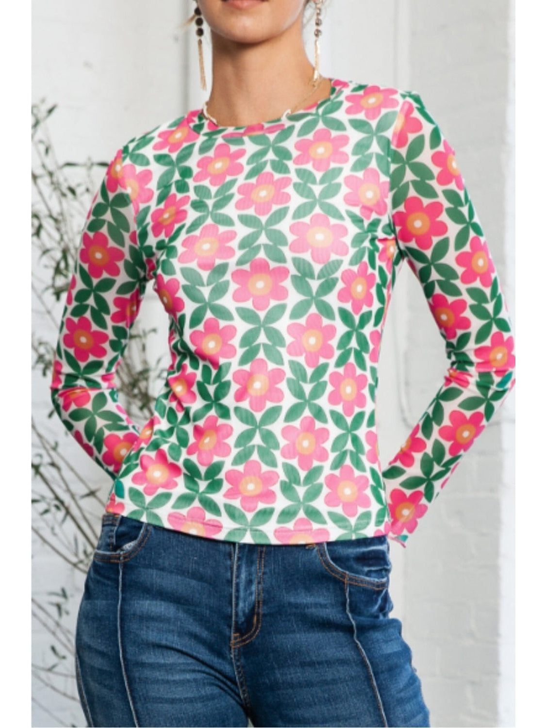 Floral Round Neck Long Sleeve Top nicholesgifts