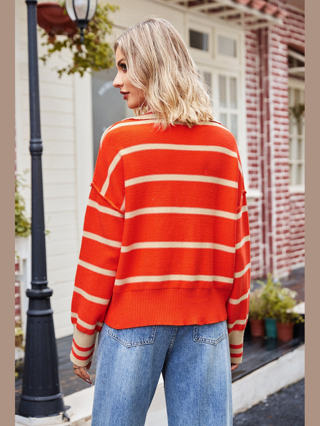 Striped Johnny Collar Sweater Trendsi
