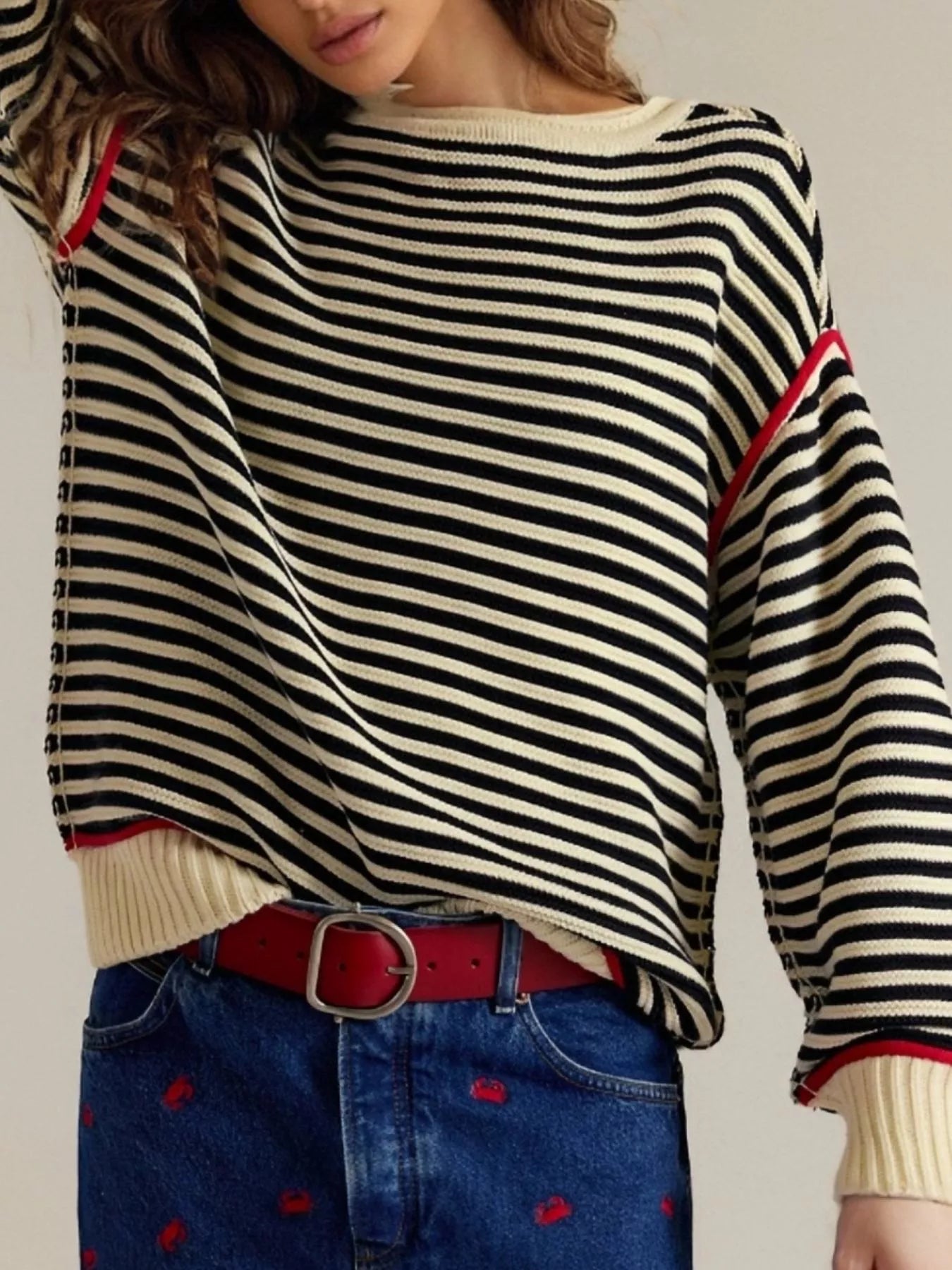 Striped Round Neck Long Sleeve Sweater Trendsi