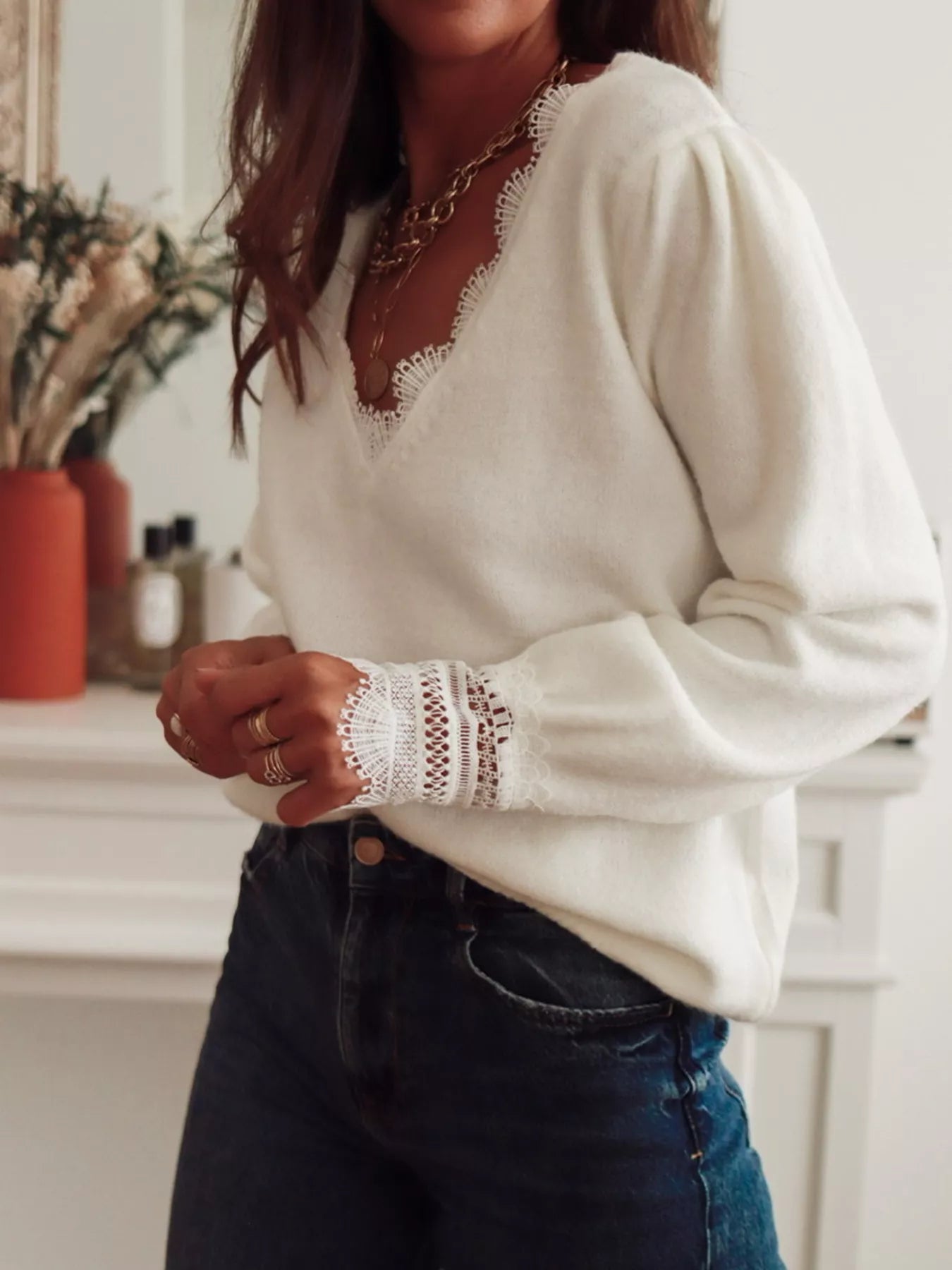 Lace Trim V-Neck Sweater