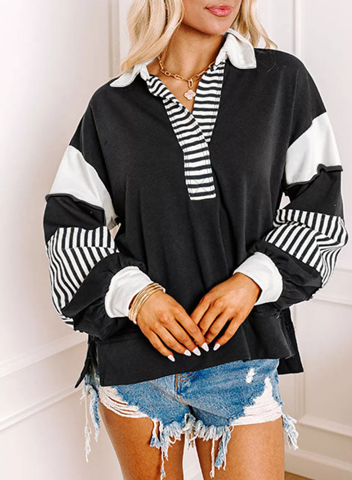 Color Block Striped Johnny Collar Sweatshirt nicholesgifts