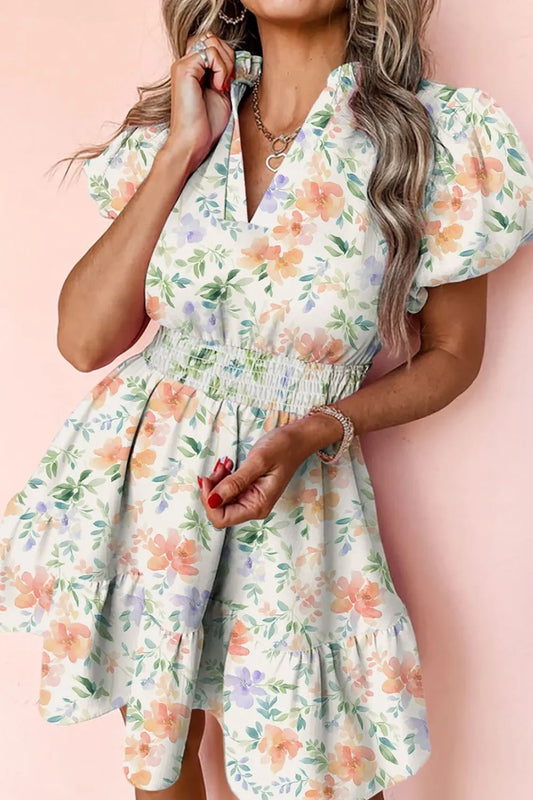 Frill Notched Puff Sleeve Dress Trendsi
