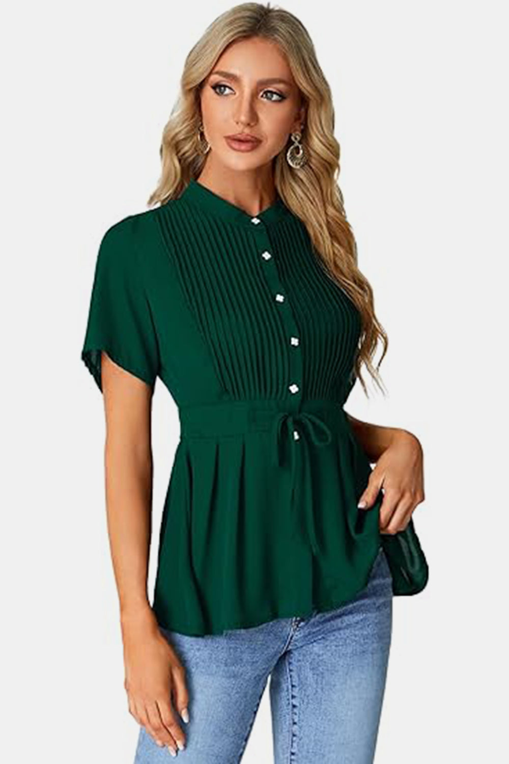 Tied Round Neck Short Sleeve Blouse nicholesgifts