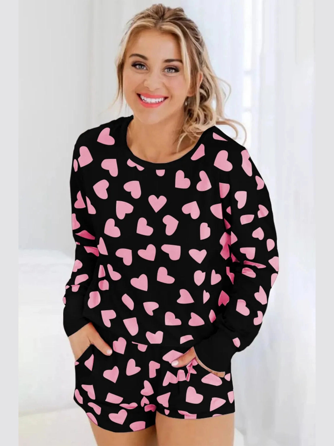 Heart Print Long Sleeve Top and Shorts Lounge Set nicholesgifts