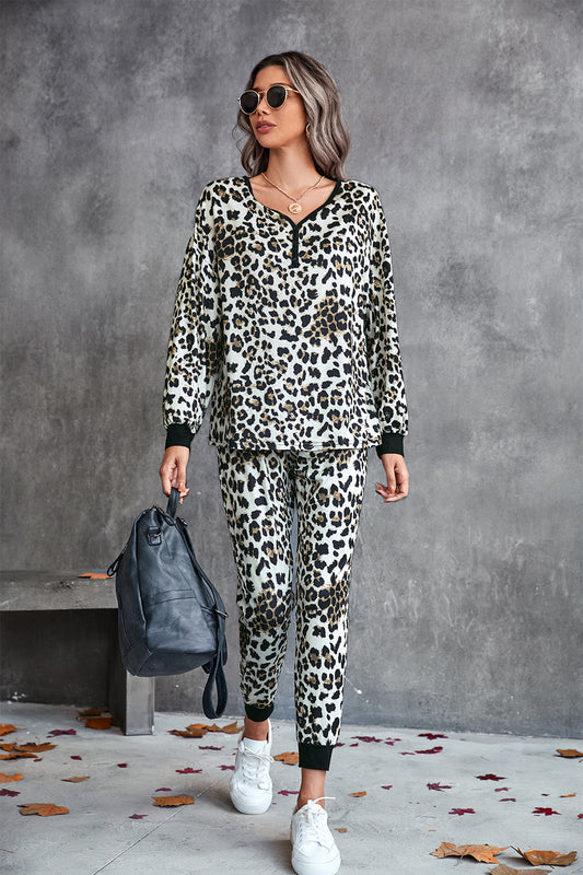 Leopard V-Neck Dropped Shoulder Loungewear Set NicholesGifts