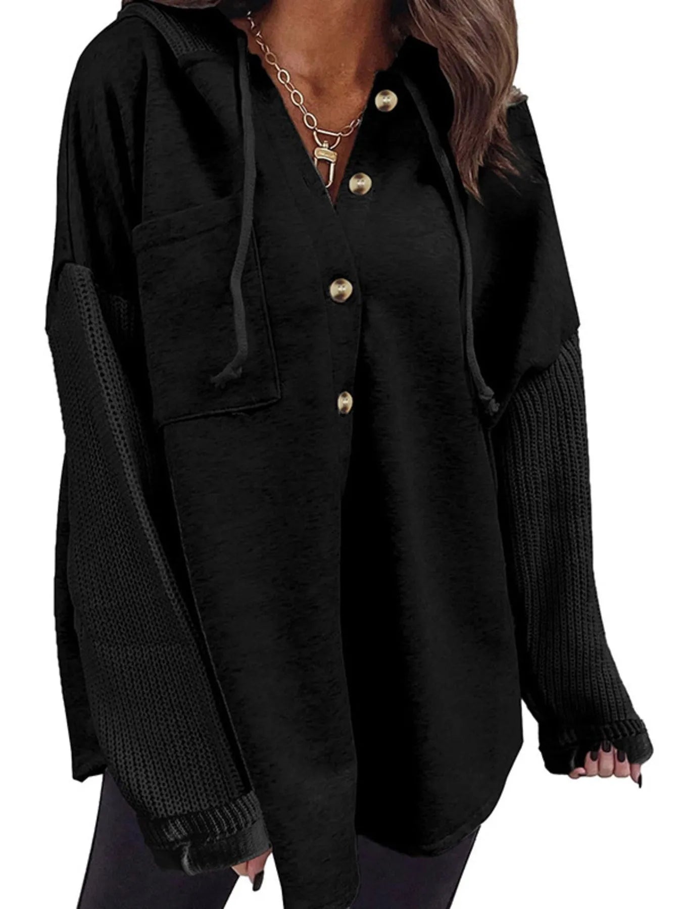 Drawstring Button Front Hoodie Trendsi