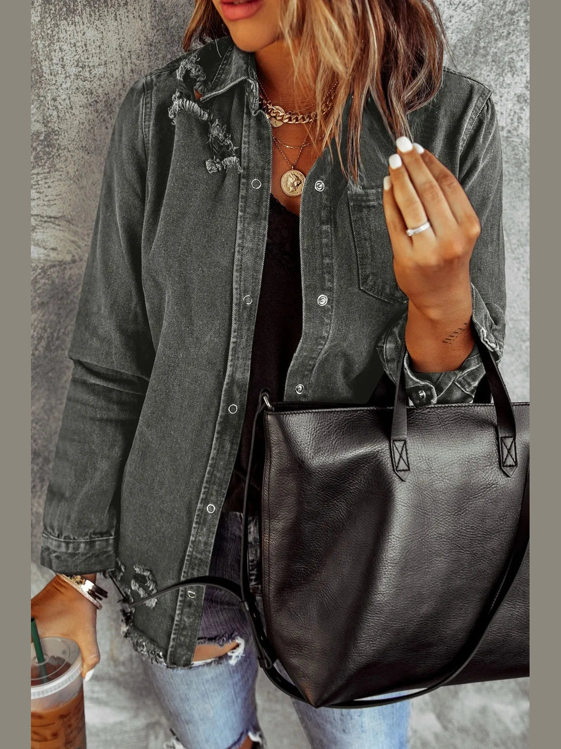 Distressed Raw Hem Snap Down Denim Jacket nicholesgifts