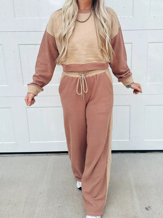Color Block Long Sleeve Crop Top Drawstring Pant Set nicholesgifts