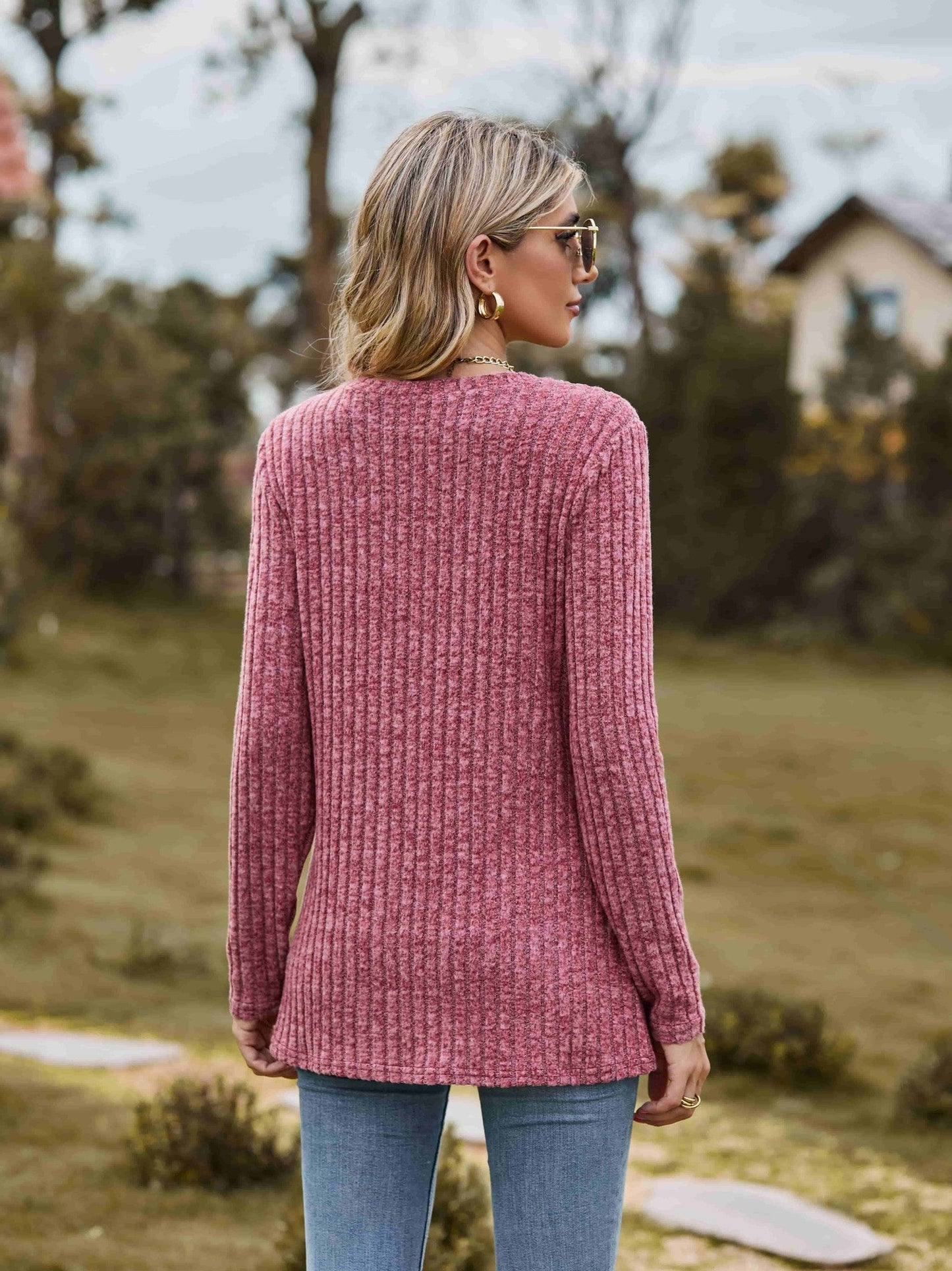 Ribbed Round Neck Long Sleeve Tee NicholesGifts