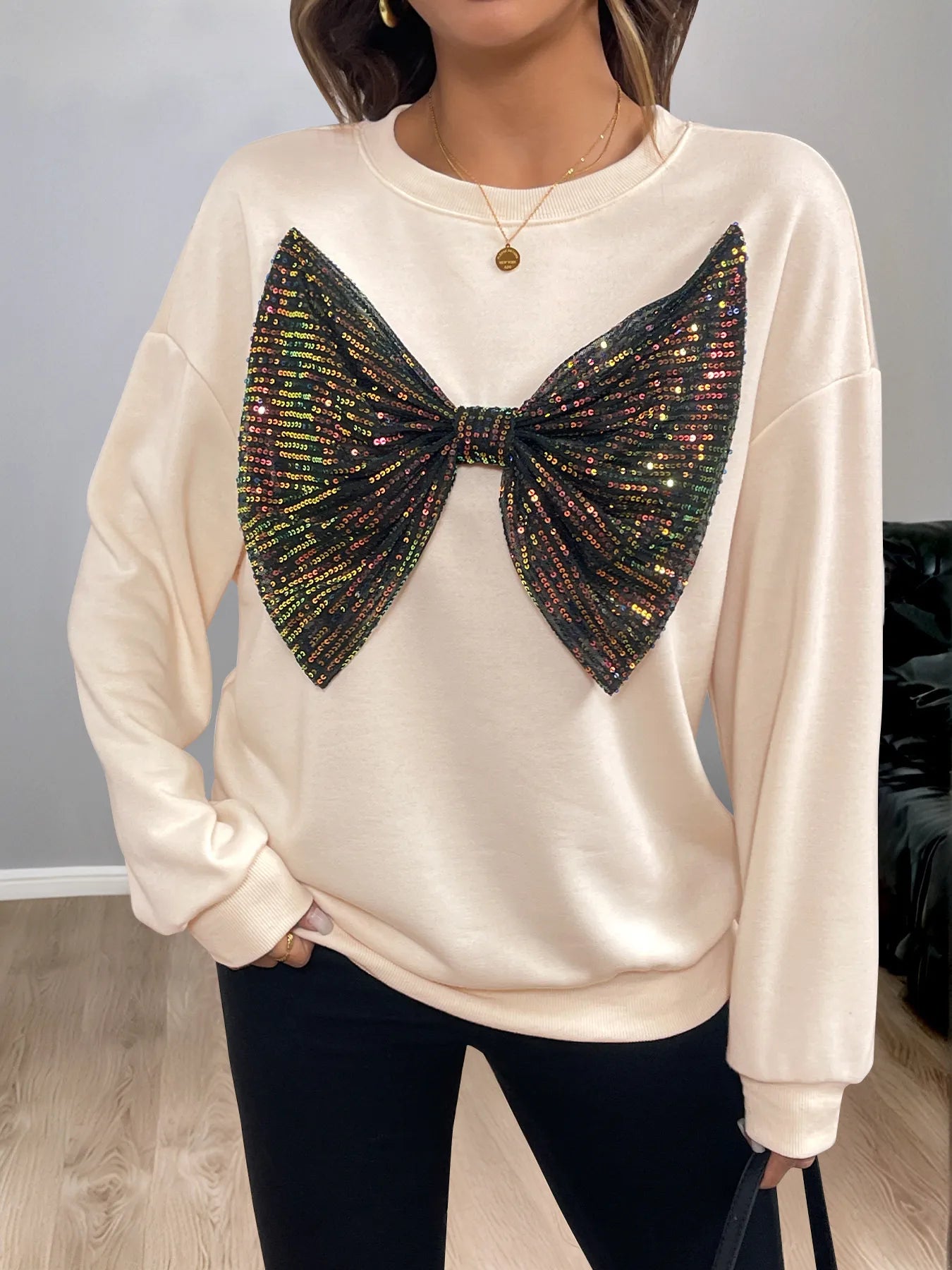 Sequined Bow Round Neck Sweatshirt NicholesGifts