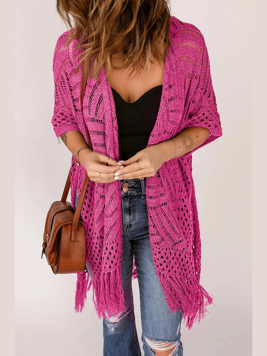 Openwork Open Front Cardigan with Fringes nicholesgifts