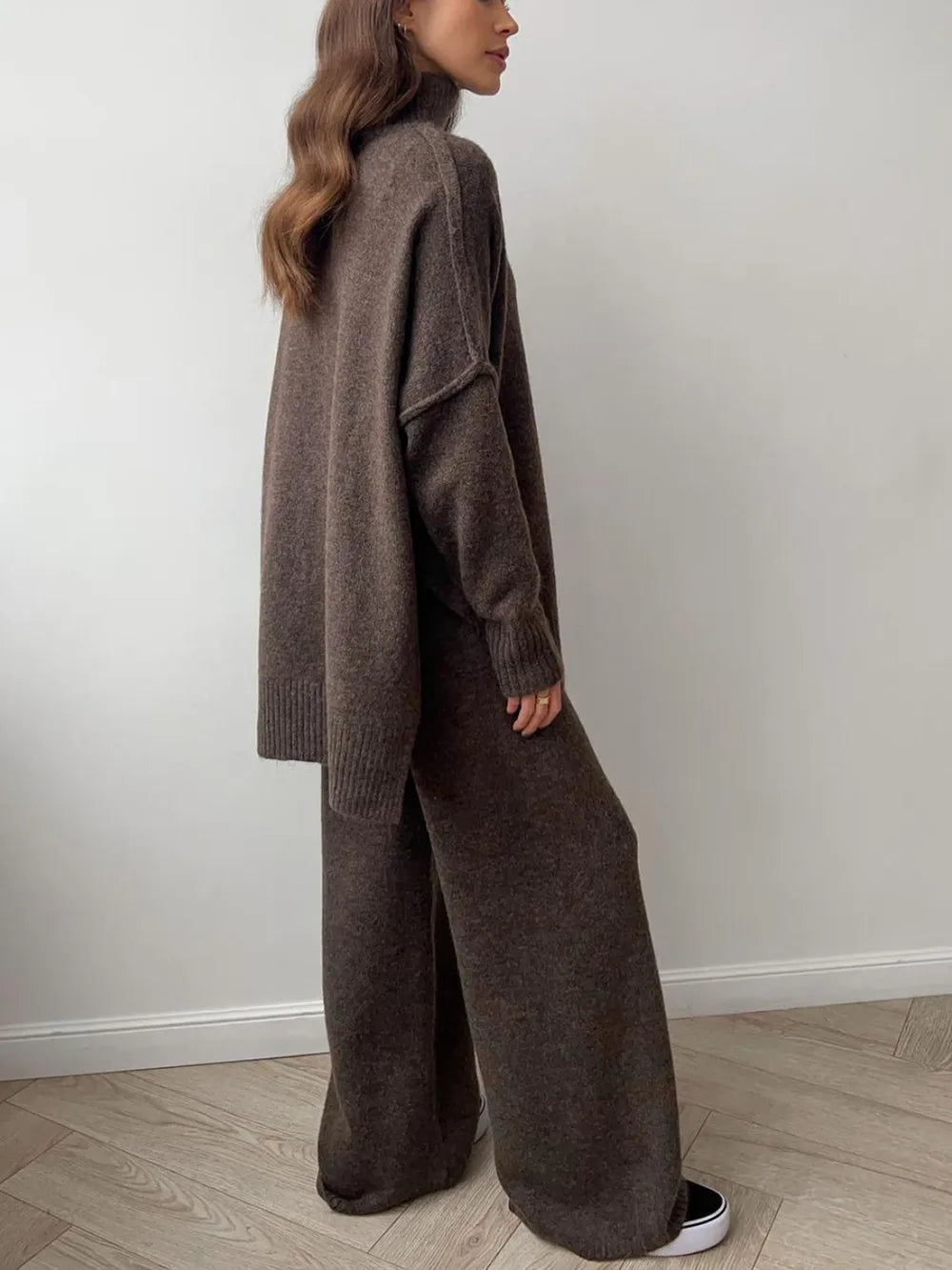 Slit Turtleneck Long Sleeve Top and Pants Sweater Set nicholesgifts