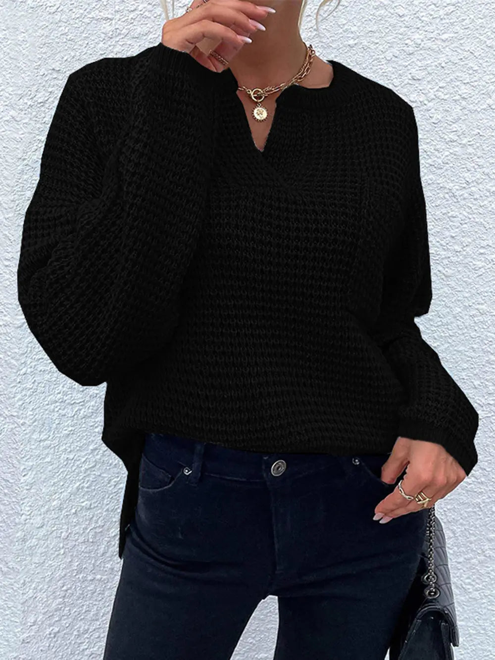 Notched Long Sleeve Sweater nicholesgifts
