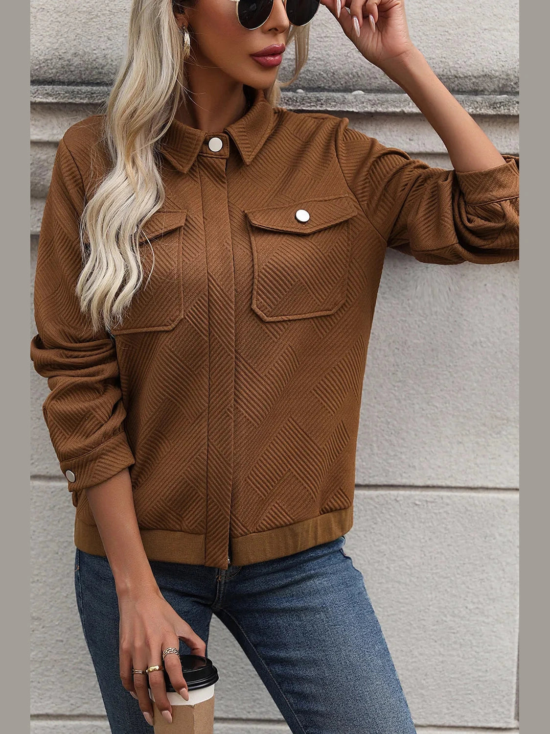 Perfee Textured Zip Up Collared Neck Jacket nicholesgifts