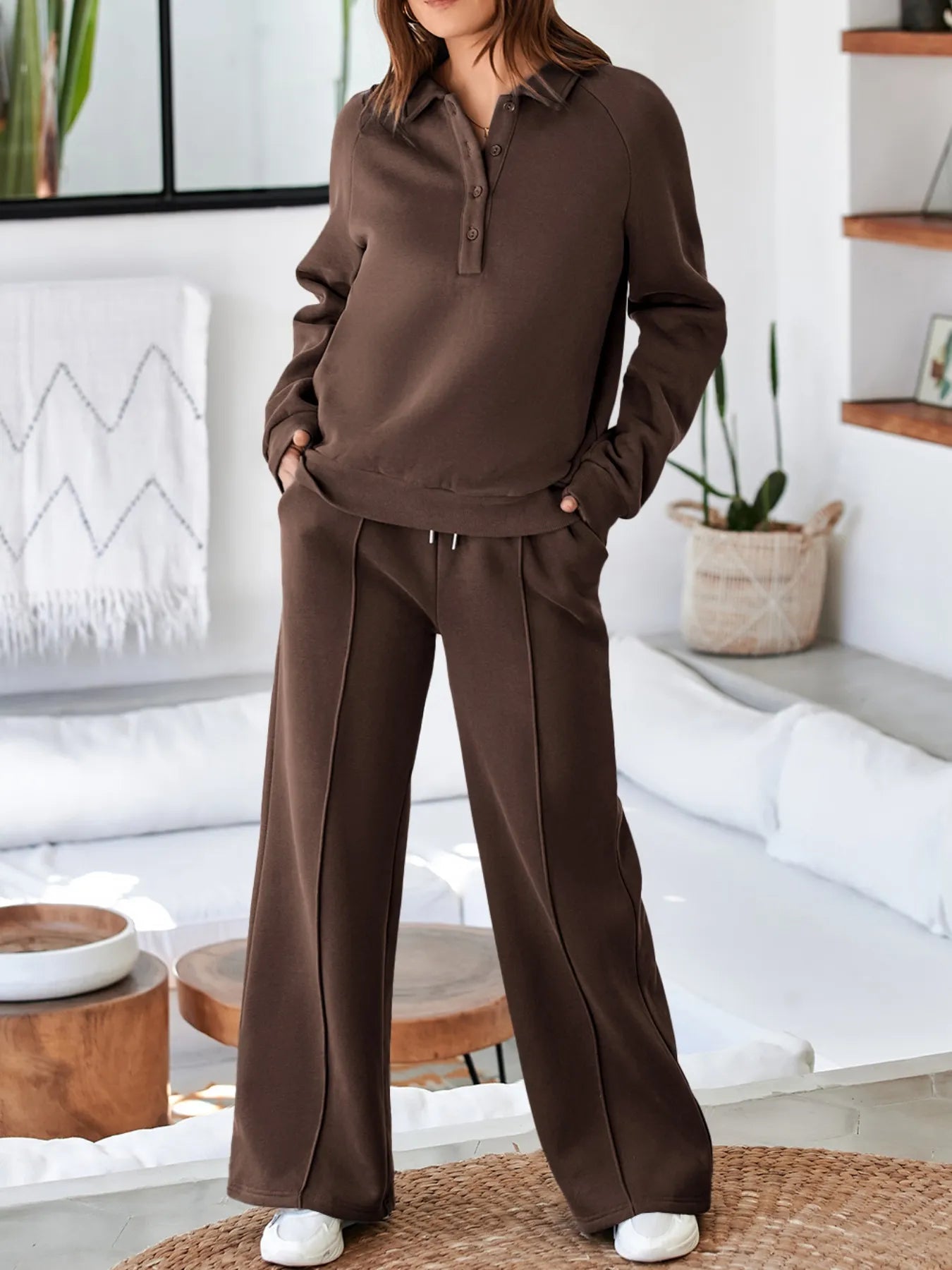 Collared Sweatshirt and High Waist Pants Active Set nicholesgifts