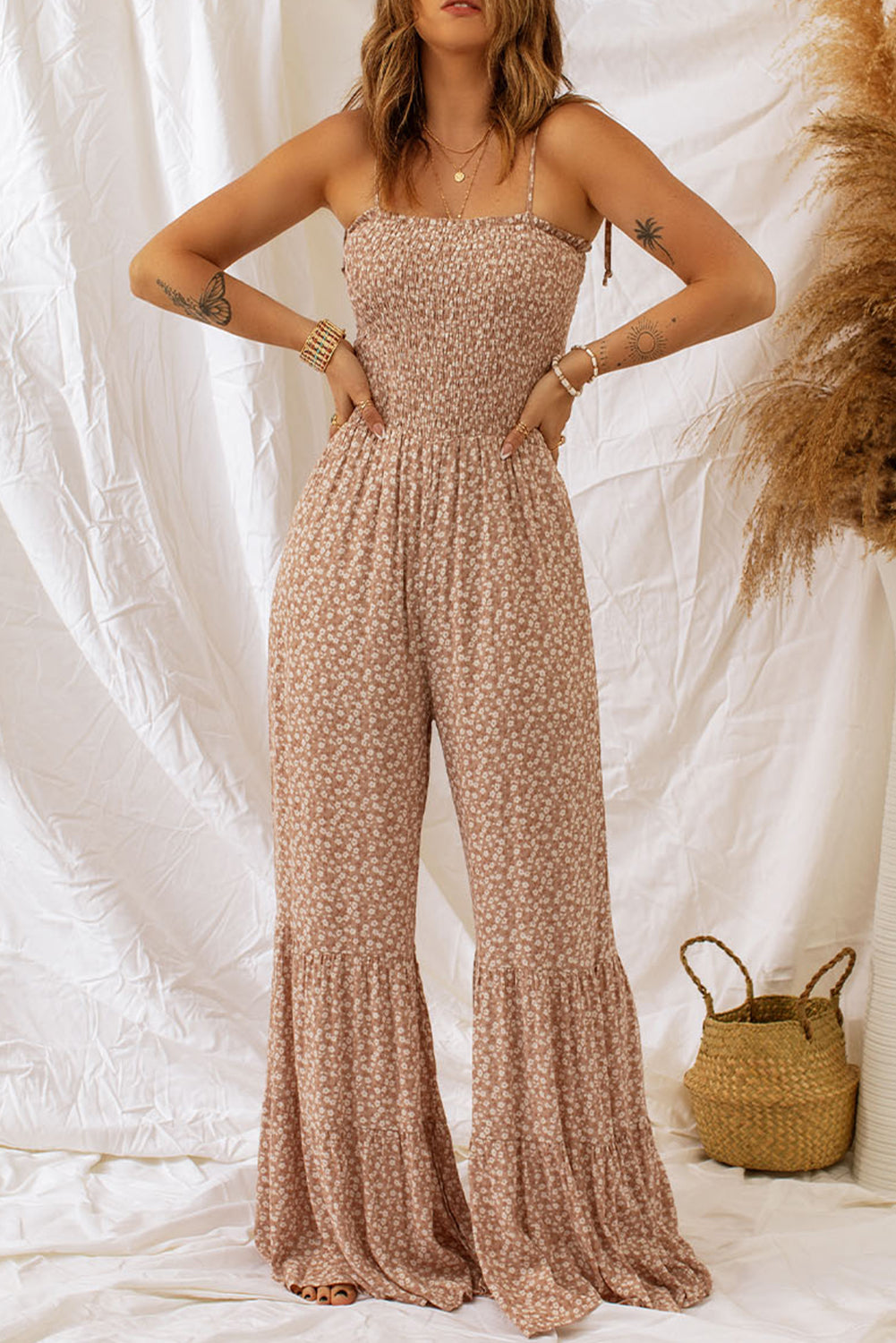 Floral Spaghetti Strap Smocked Wide Leg Jumpsuit nicholesgifts