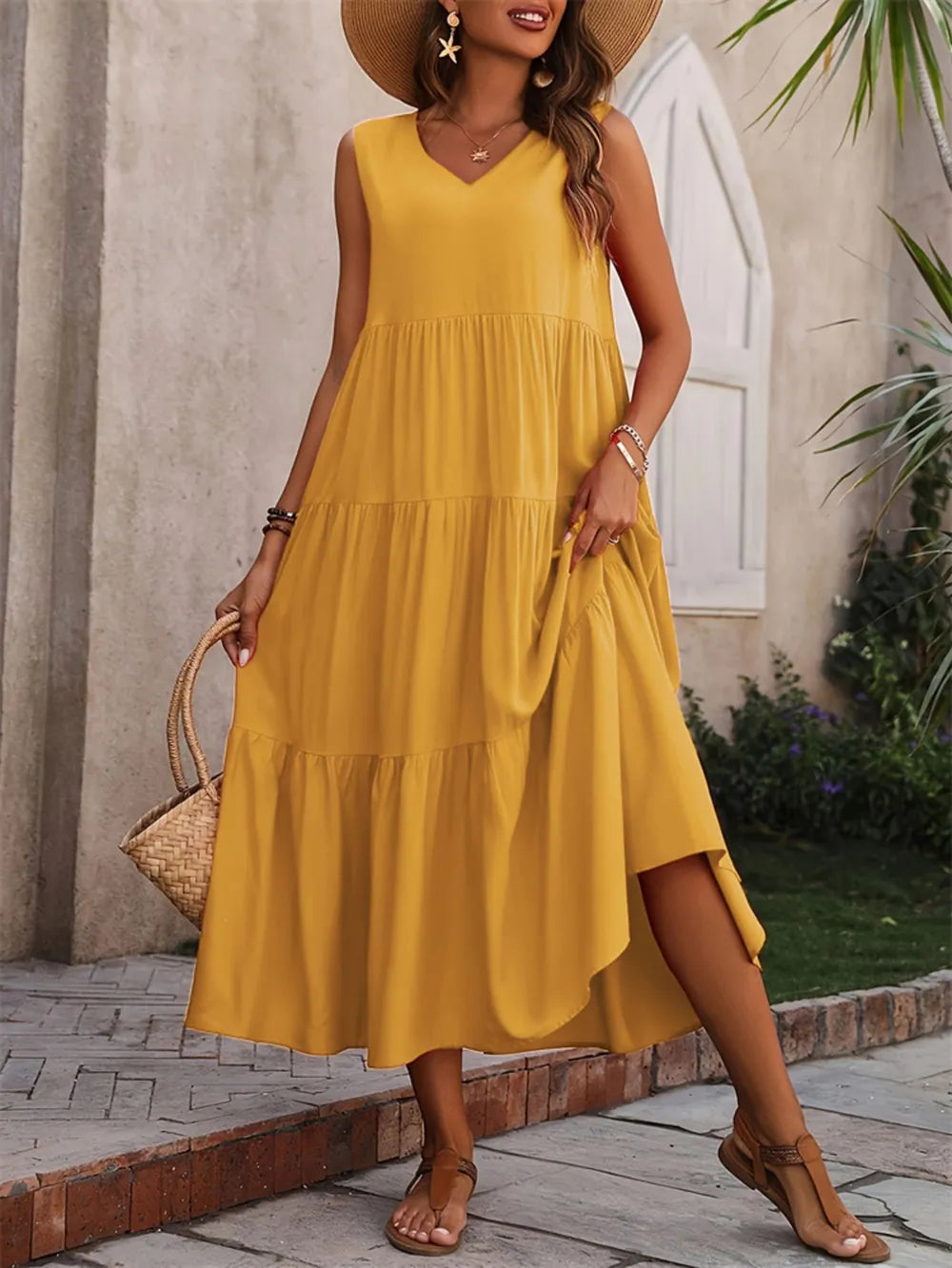 Tiered V-Neck Sleeveless Dress NicholesGifts