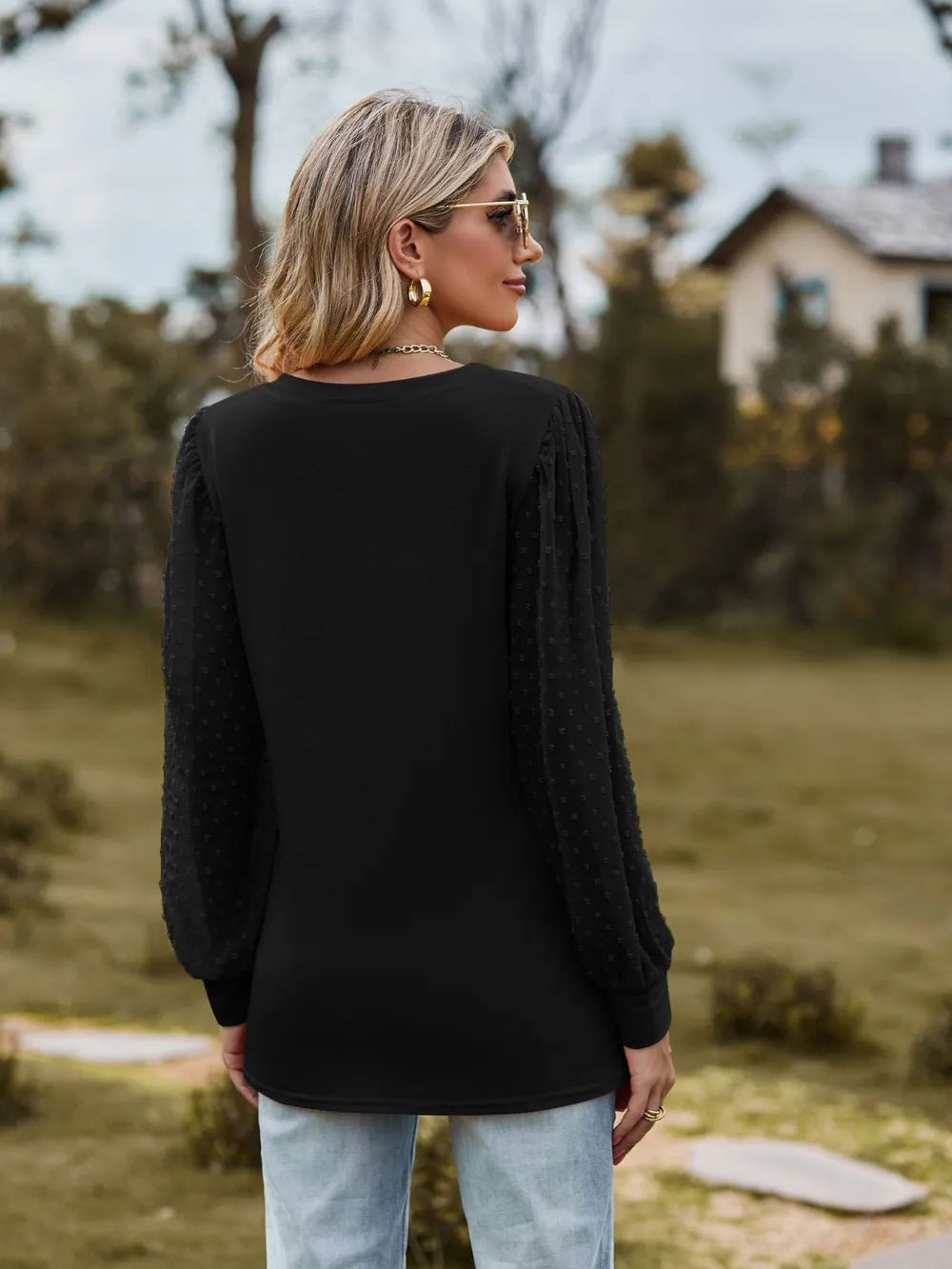 Swiss Dot V-Neck Long Sleeve Blouse NicholesGifts