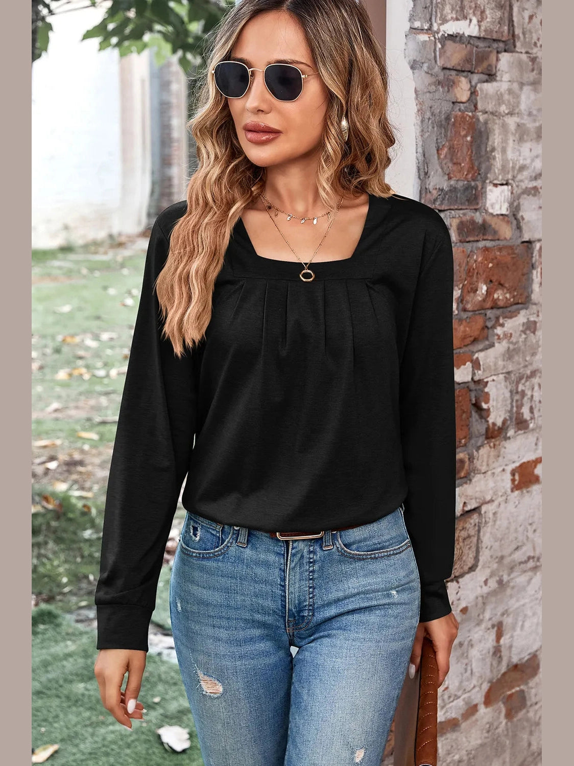 Ruched Square Neck Long Sleeve T-Shirt NicholesGifts