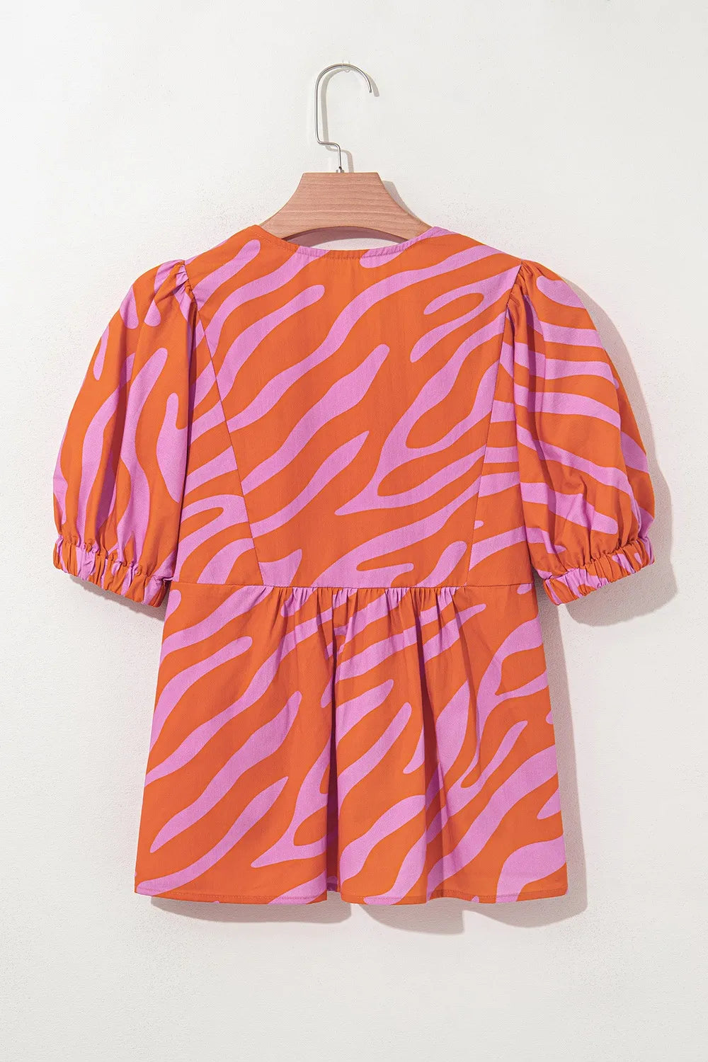 Zebra Stripe Print Ruched Cuff Half Sleeve V Neck Blouse Trendsi