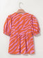 Zebra Stripe Print Ruched Cuff Half Sleeve V Neck Blouse nicholesgifts