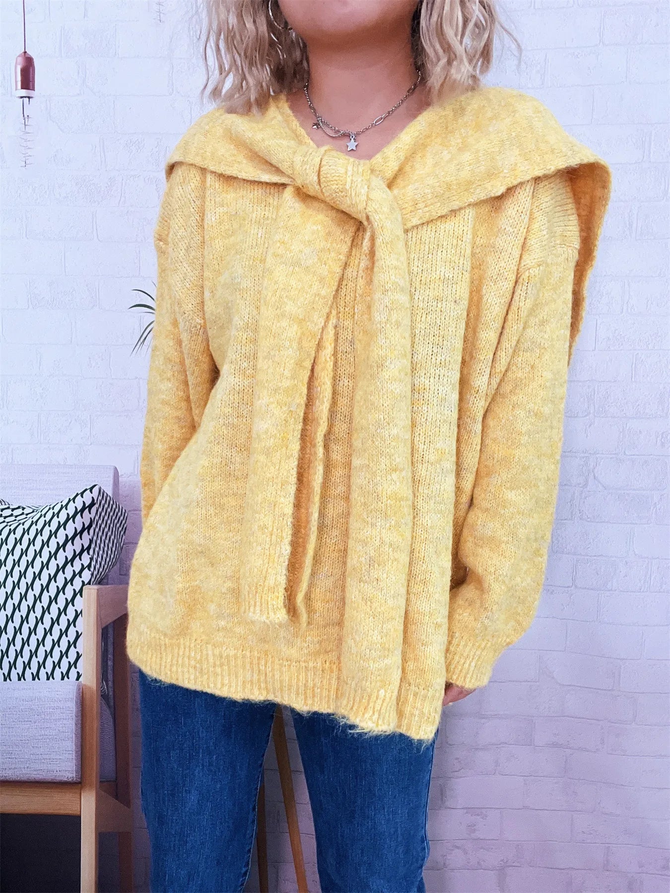 Ribbed Hem V-Neck Sweater with Shawl Trendsi