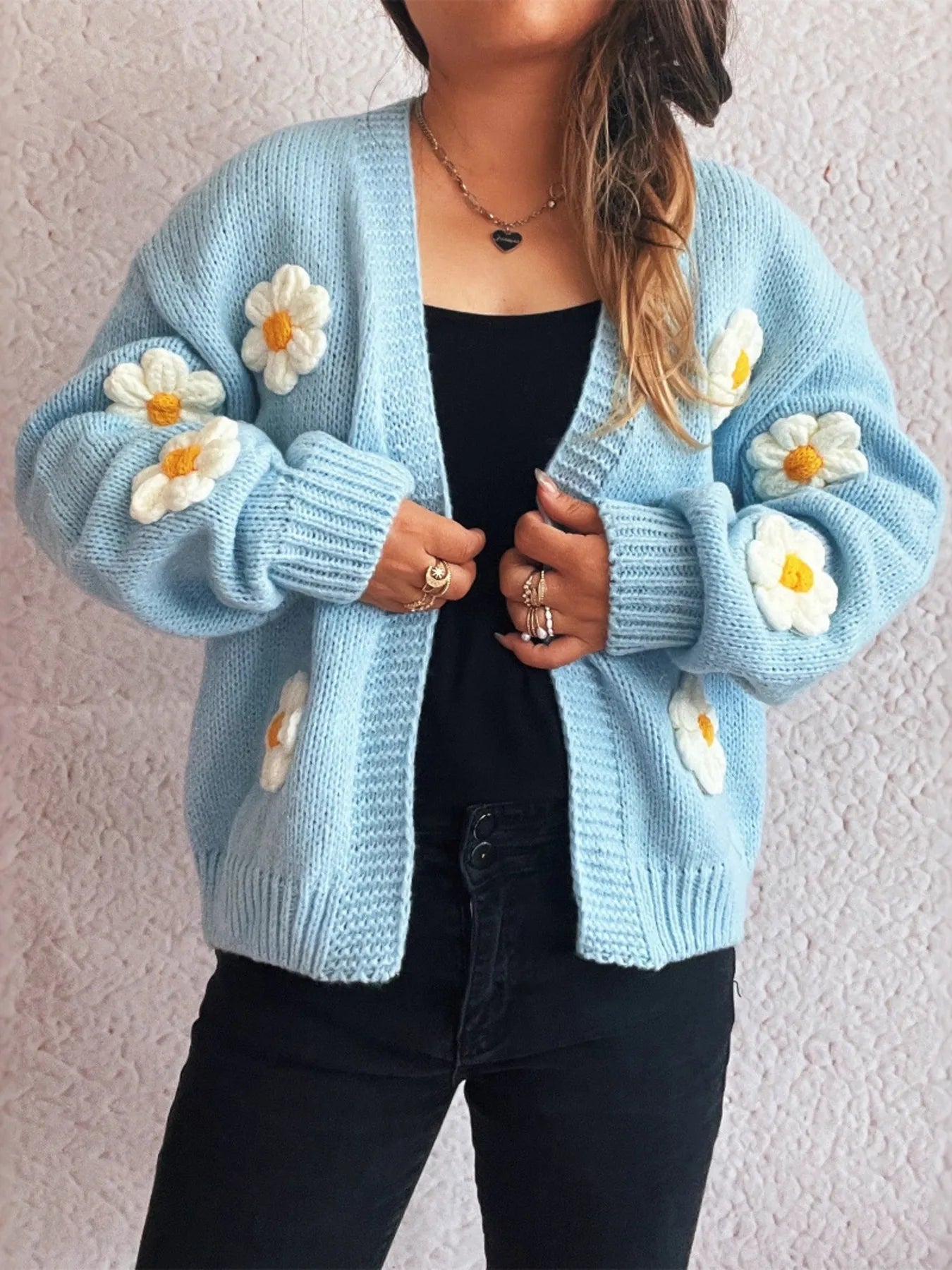 Flower Open Front Long Sleeve Cardigan