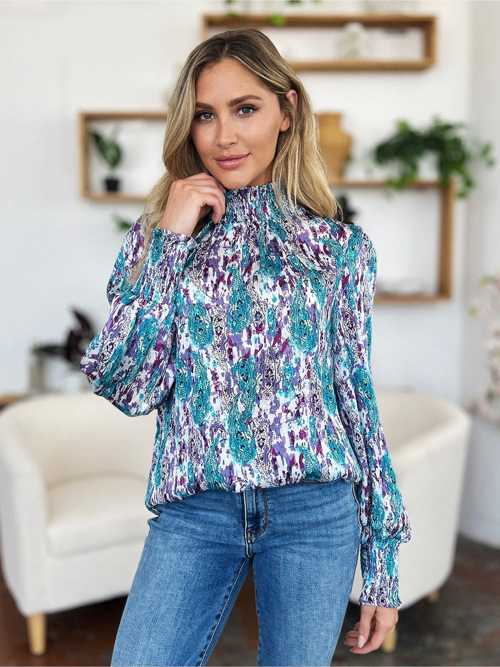 Women Double Take Full Size Printed Smocked Long Sleeve Blouse nicholesgifts