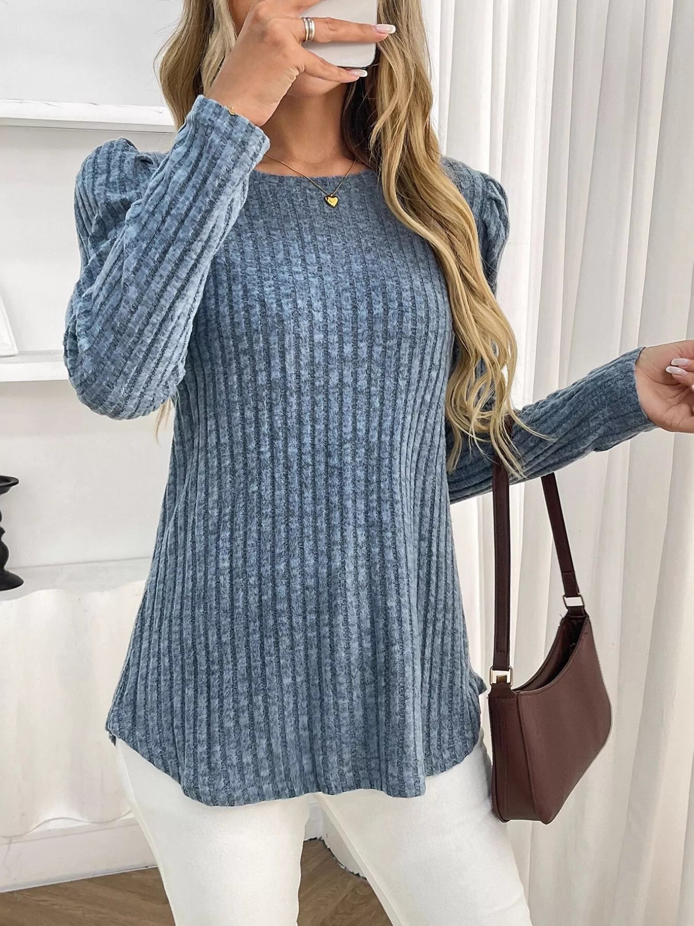Round Neck Puff Sleeve T-Shirt Trendsi
