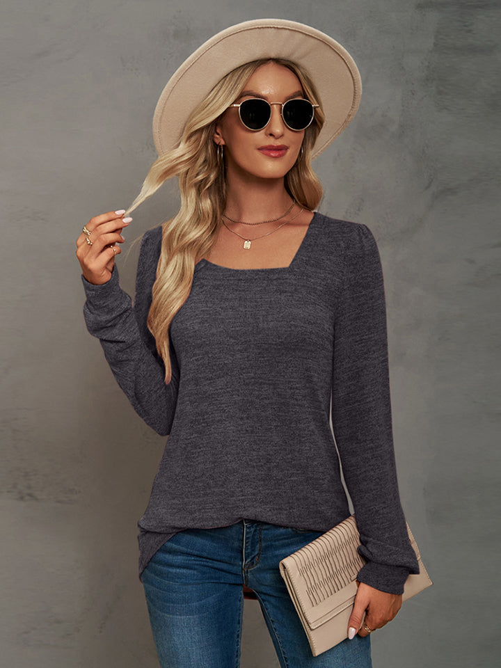 Women Heathered Square Neck Long Sleeve T-Shirt nicholesgifts