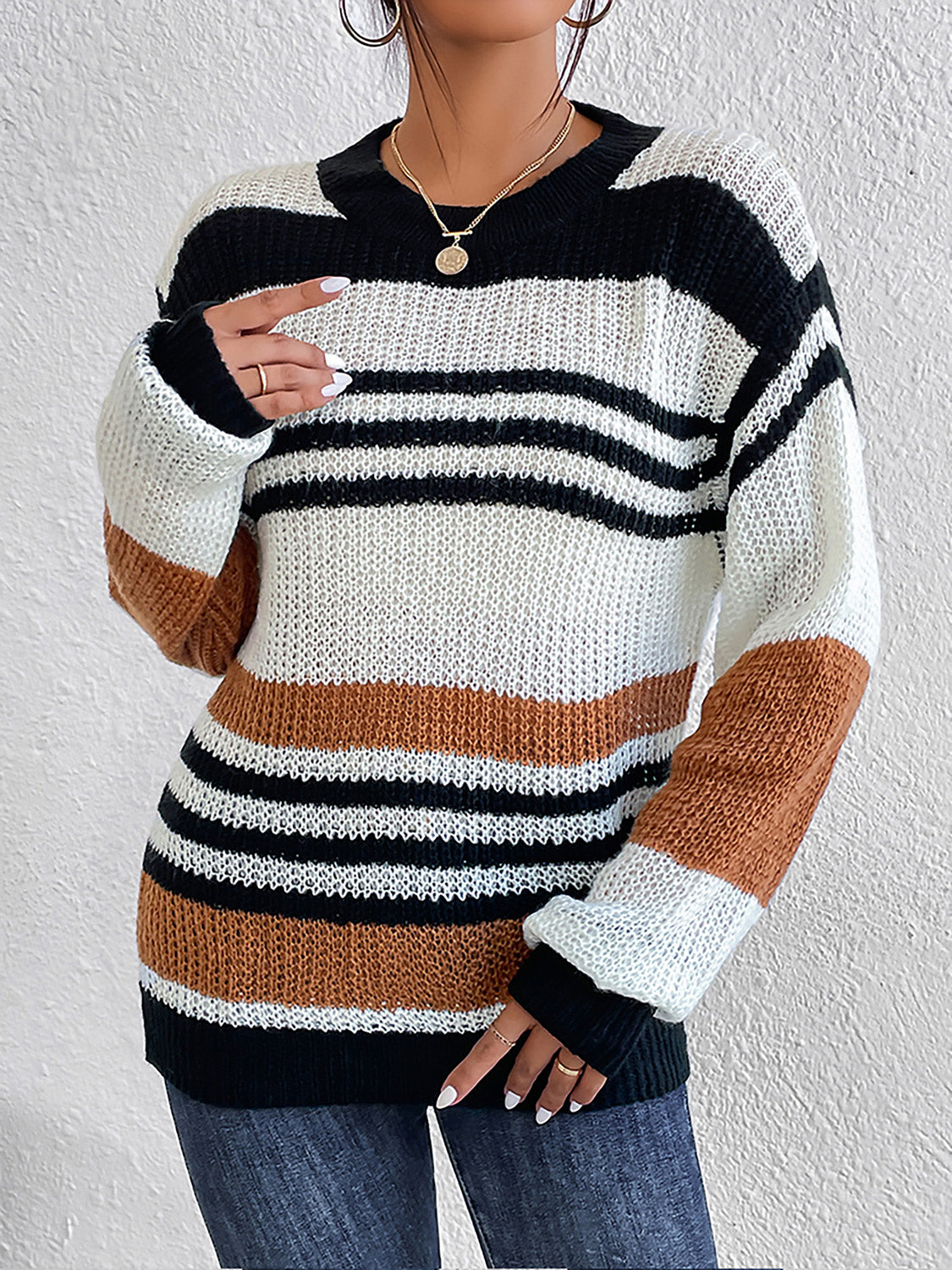 Striped Round Neck Sweater nicholesgifts