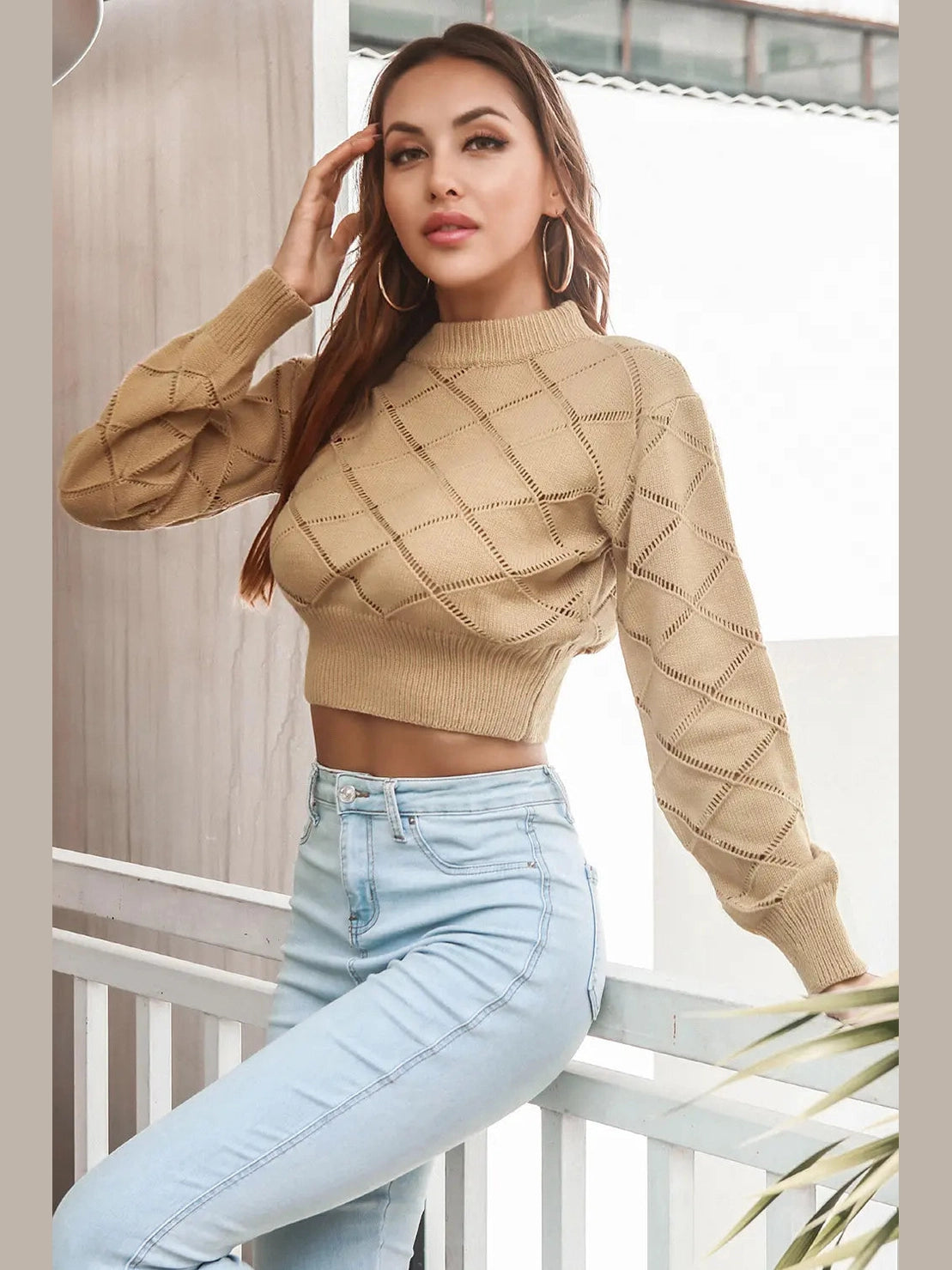 Openwork Plaid Round Neck Cropped Sweater Trendsi