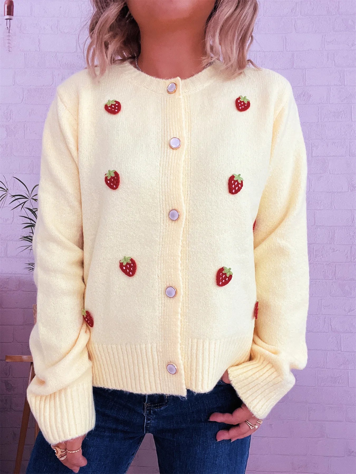Strawberry Button Up Long Sleeve Cardigan Trendsi