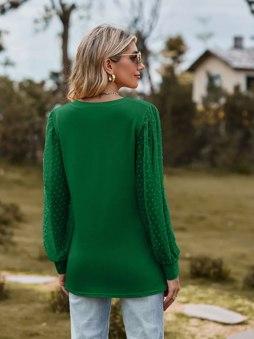 Swiss Dot V-Neck Long Sleeve Blouse NicholesGifts