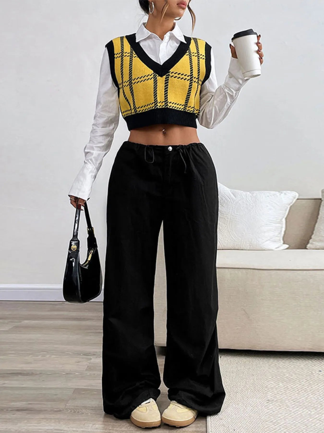 Plaid V-Neck Cropped Sweater Vest Trendsi