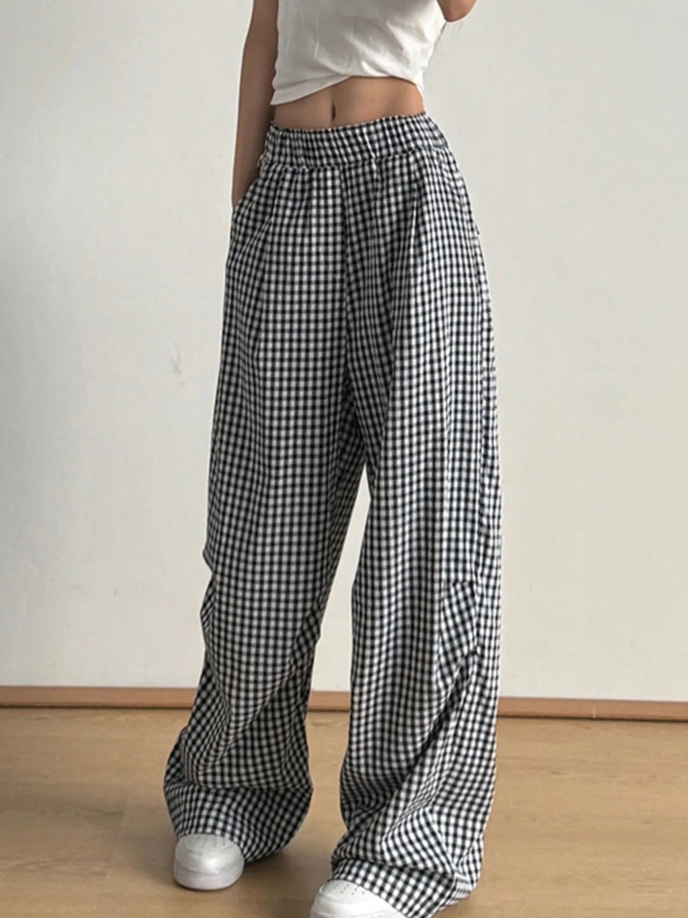 Gingham Check Wide Leg Casual Pants Trendsi