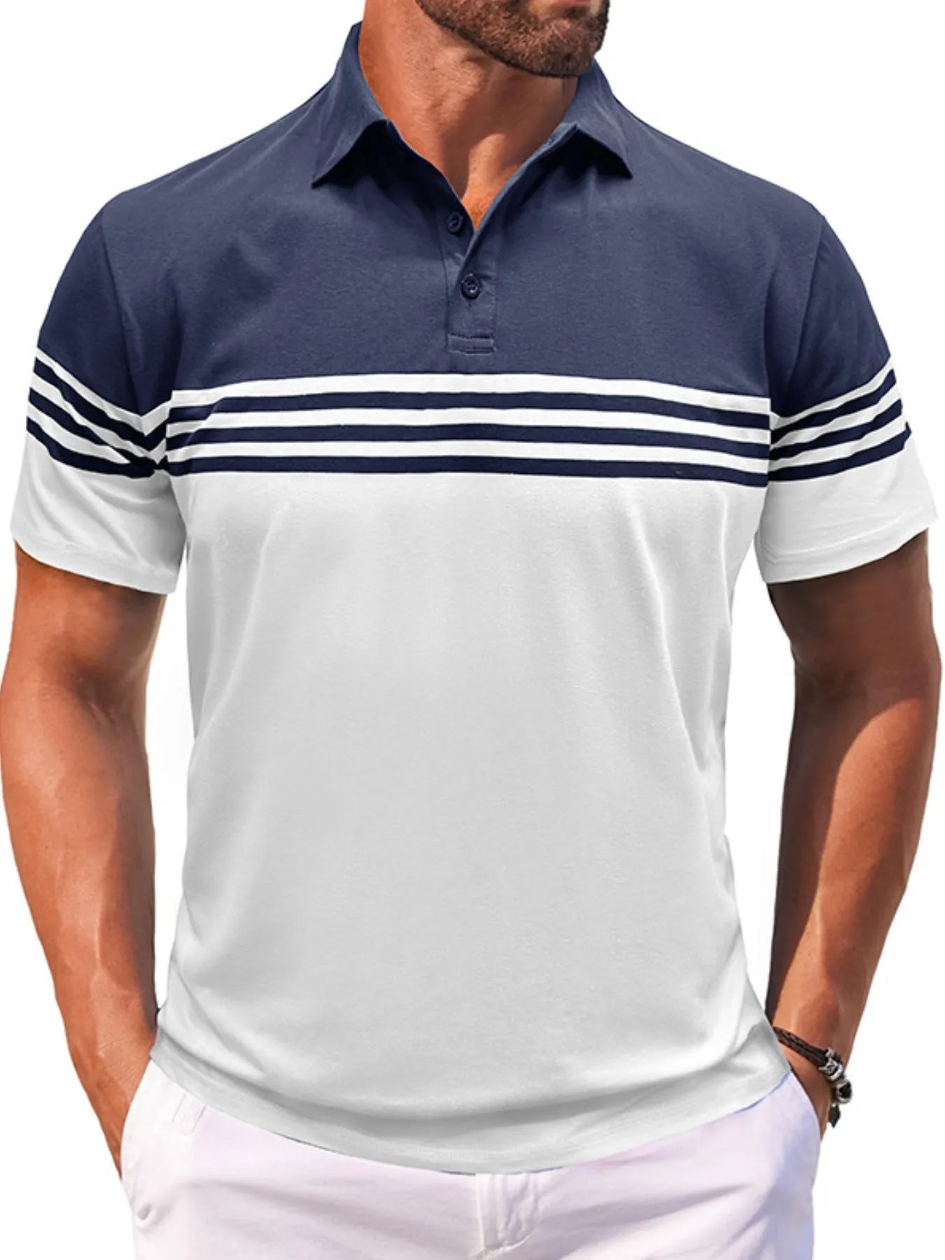 Men's Full Size Color Block Striped Polo Shirt Plus Size NicholesGifts